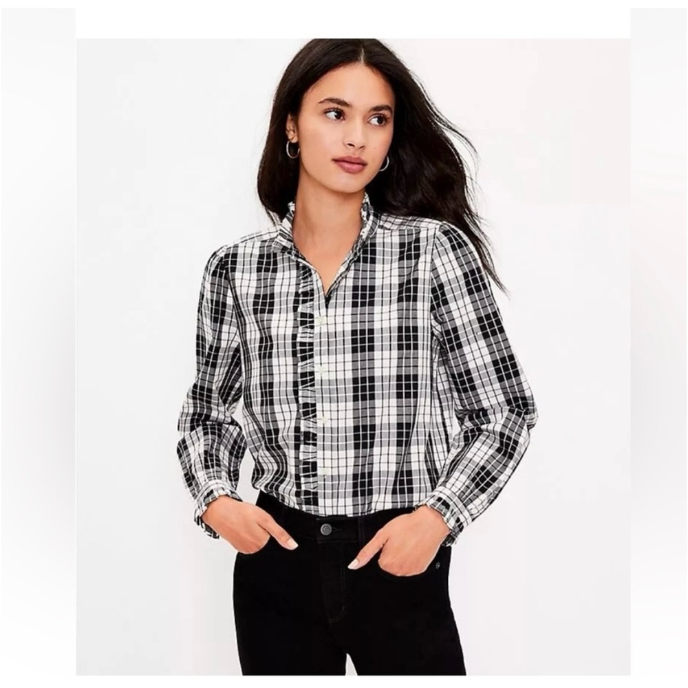 LOFT Plaid Ruffle Neck/Front Blouse